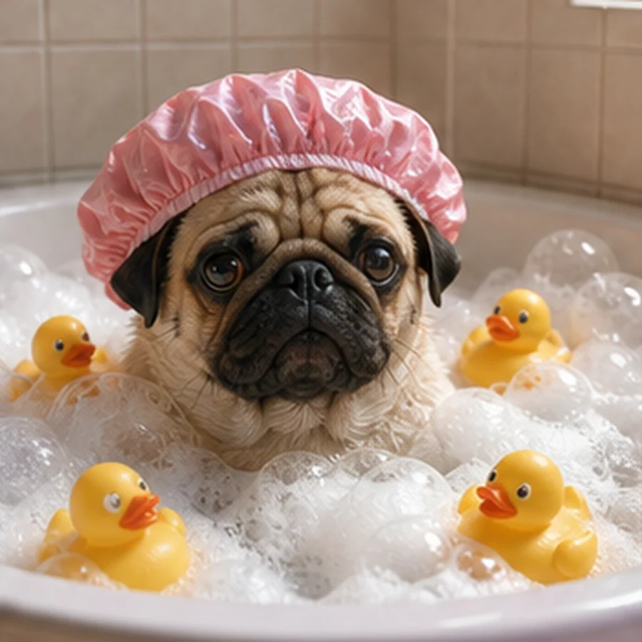 Pug in bubble bath with rubber ducks