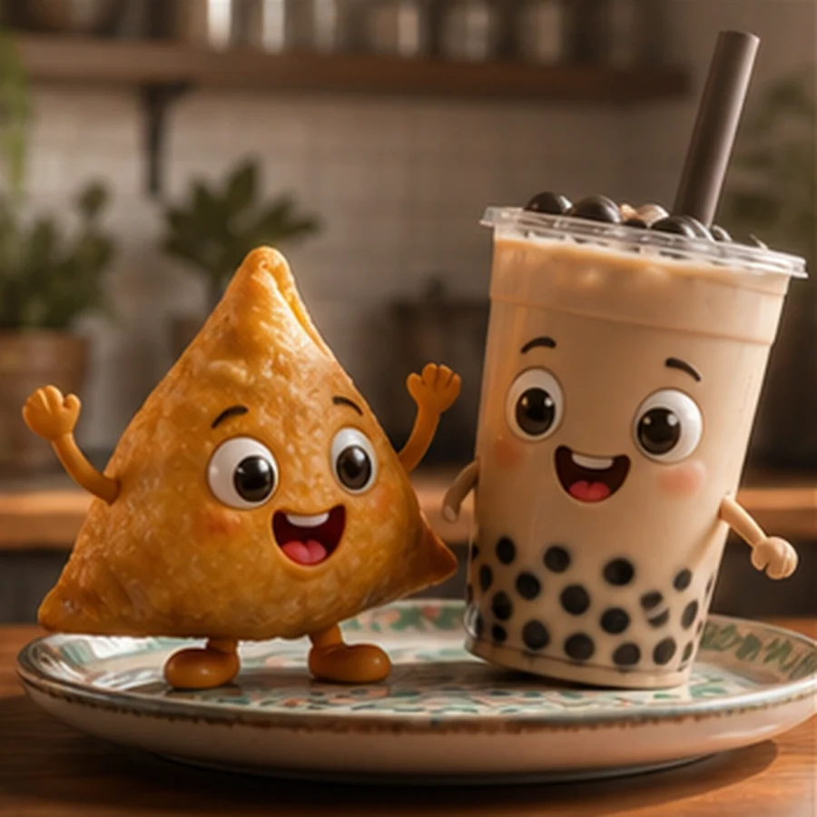 Cute samosa and boba characters