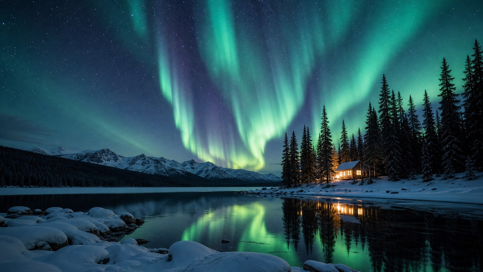 Northern Lights Snowy Lake
