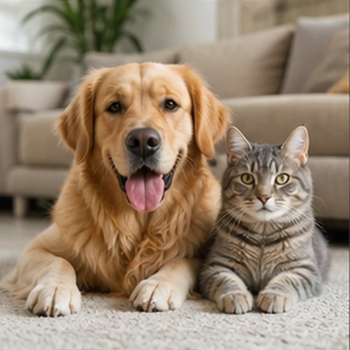 Golden Dog and Cat at Home
