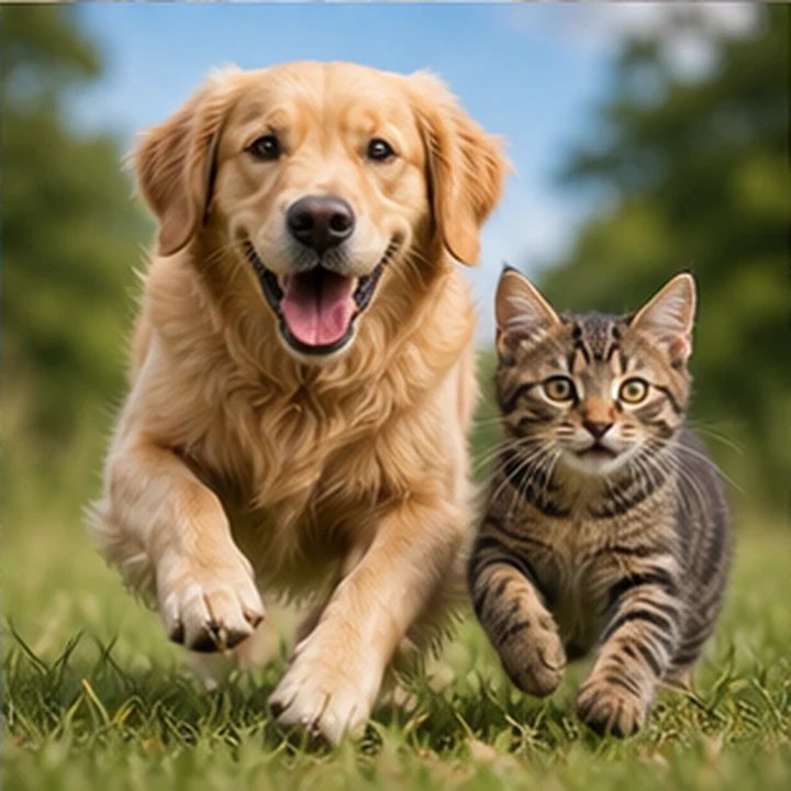 Playful Golden Retriever and Cat
