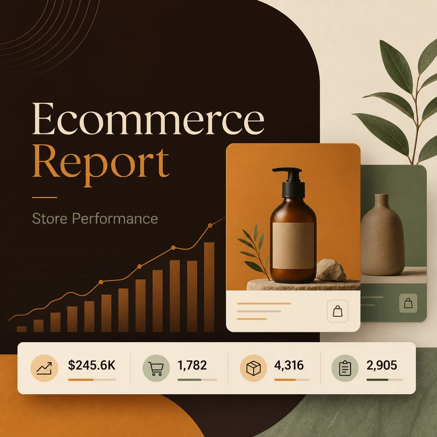 Ecommerce report template: Connect store revenue, product movement, campaign performance, and inventory signals in one client update.